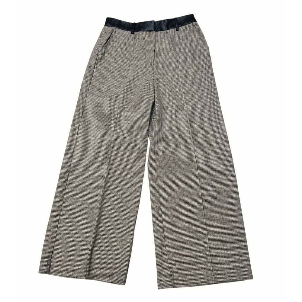 Lulus Houndstooth Wide Leg Trousers Faux Leather Waist Brown Black Size M